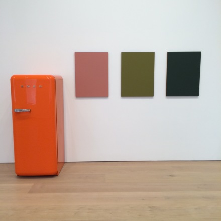 Sherrie Levine, Orange SMEG Refrigerator and Renoir Nudes (2016), via Art Observed