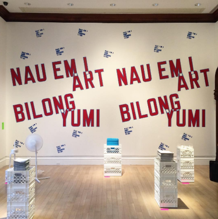 Lawrence Weiner, NAU EM I ART BILONG YUMI (The art of today belongs to us), (1988-2016), via Art Observed