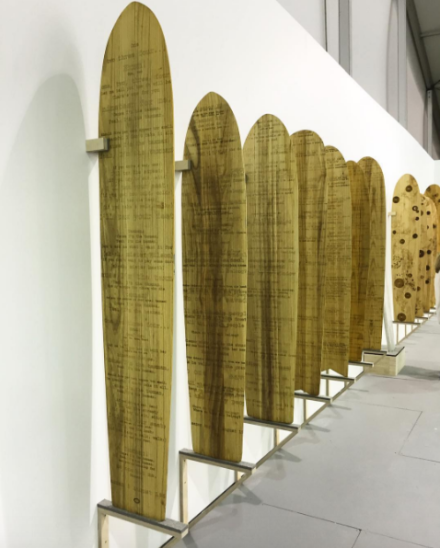 Tomas Vu's Printer Surfboards at Untitled Art Fair, via Art Observed