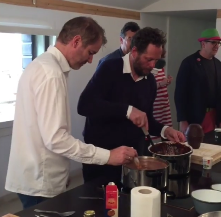 Olaf Nicolai serves hot chocolate at A Plus A Gallery this morning, via Art Observed