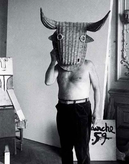 Edward Quinn, Picasso wearing a bull’s head intended for bullfighter's training, La Californie, Cannes (1959), courtesy of Gagosian