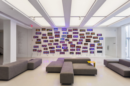 View of the new lobby and Pascale Marthine Tayou's Welcome Wall (2015) at The Bass. Photography by Zachary Balber. Courtesy of The Bass, Miami Beach.