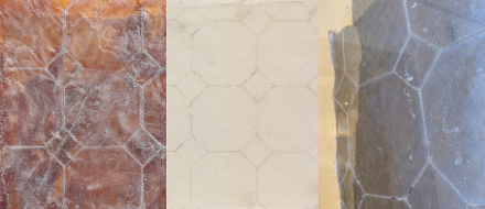 Detail images of BORG (Kachelboden) (‘Tiled floor’), 1975-1977: (left to right) mother of pearl and latex on canvas; paper and glue; glue, latex, mother of pearl.  © Quincy Childs