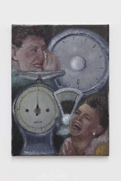 Issy Wood, Women crying with weighing scales (2019), via JTT