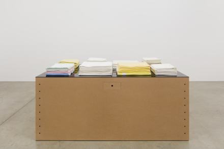 Haim Steinbach, Untitled (Table with Towels, Bone, Pacifier) (1993), via Tanya Bonakdar
