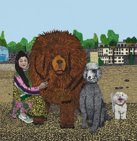 Jonas Wood, Shio with Three Dogs (2020), via David Kordansky
