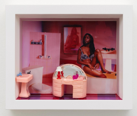 Laurie Simmons, Color Pictures/Deep Photos (Pink Dressing Table with Toiletries) (2022), via 56 Henry