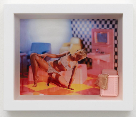 Laurie Simmons, Color Pictures/Deep Photos (Girl in Bra/Checkered Wall/Sink/Hamper) (2022), via 56 Henry