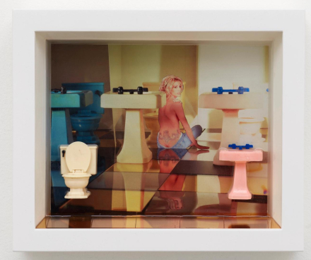 Laurie Simmons, Color Pictures/Deep Photos (White Toilet/Girl in Jeans/Pink Sink) (2022), via 56 Henry