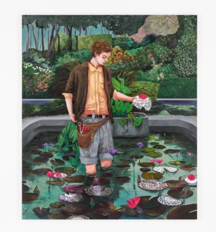 Hernan Bas, Conceptual artist #17 (With the aid of scissors, paper doilies and origami he elevates lily ponds to attract potential princes) (2023), via Lehmann Maupin