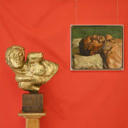 Left to right: John Lundqvist, Figure from the Resurrection Statue at SkogskyrkogÃ¥rden (c. 1928-41) and Emile Thysebaert, Sleeping Man (c. 1873 - 1963) at Vendelmans, London