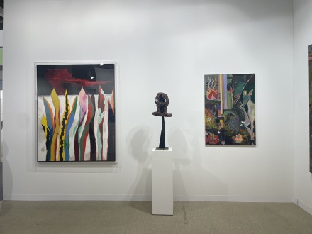 Harold Ancart (left); Huma Bhabha (sculpture); Daisy Sheff (right)